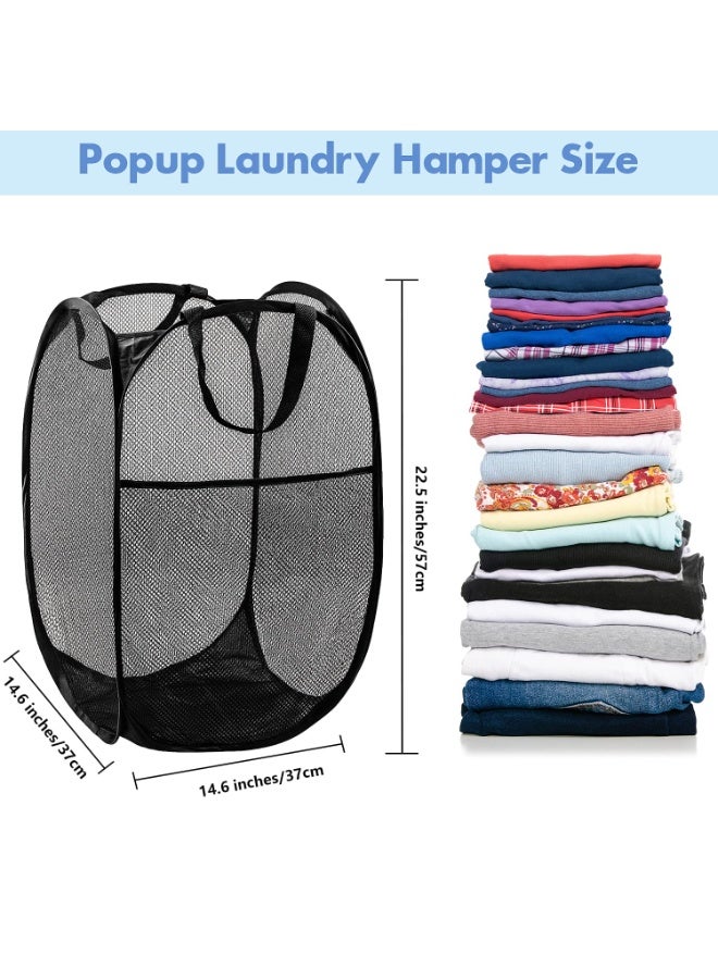 سلة غسيل قابلة للطي عبوتان، سلة غسيل شبكية منبثقة مع فتحة واسعة وجيب جانبي - تصميم مسامي ومتين وقابل للطي وموفر للمساحة للملابس والتخزين (أسود) - Image 2